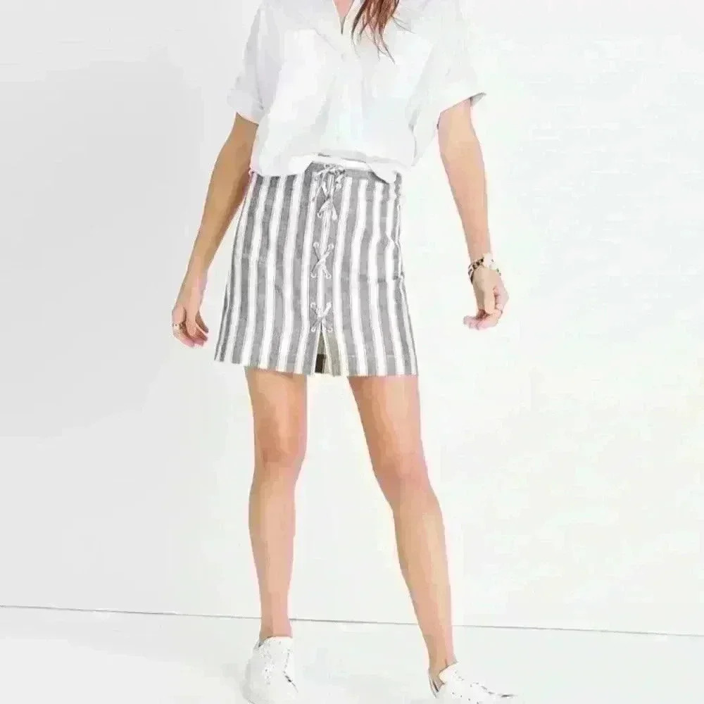 Madewell Linen/Cotton Gray & White Stripe Laced Up Mini Skirt Size 4